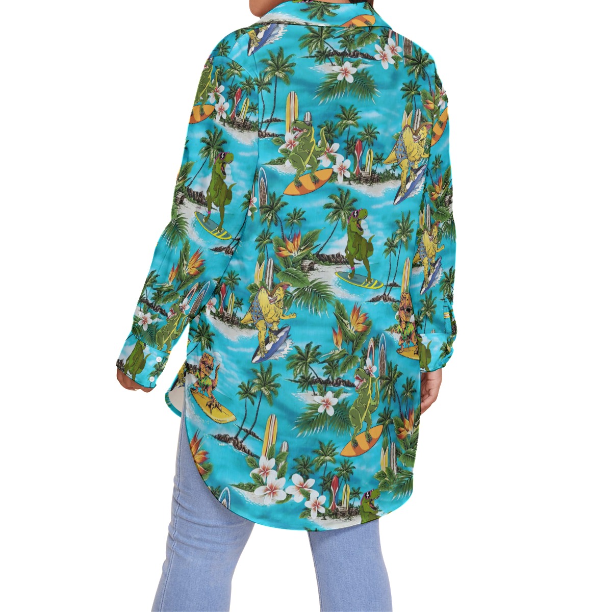 Funny Surfing Dinosaur Hawaiian Blouse Shirt For Women