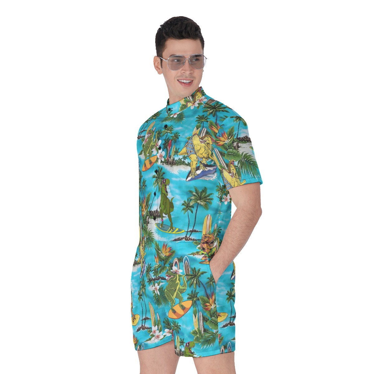 Funny Dinosaur Surfing Men's Hawaiian Romper For Summer