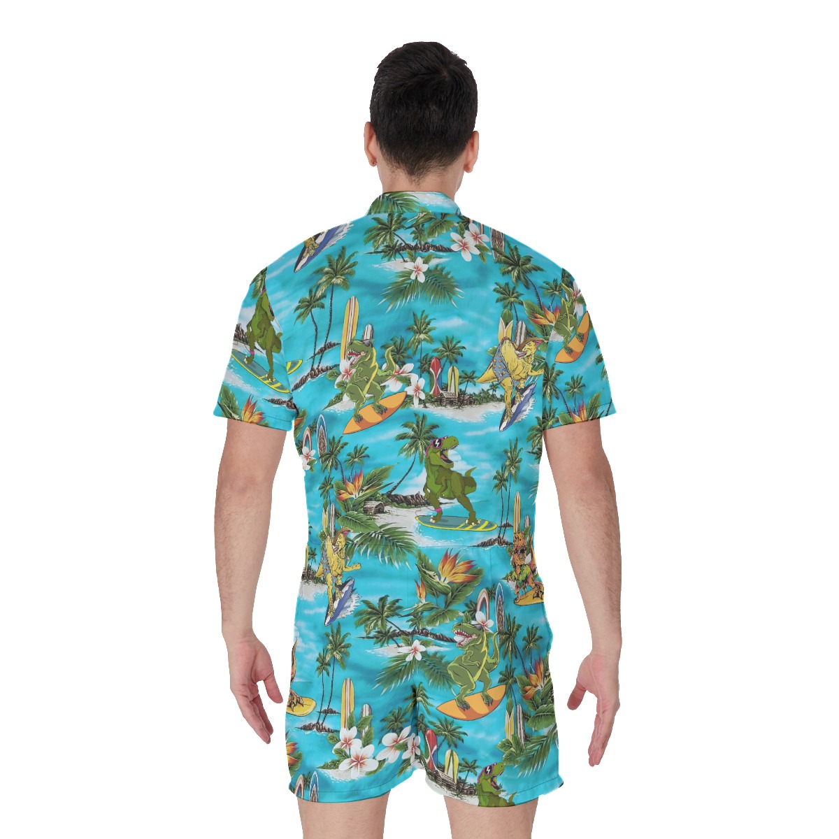 Funny Dinosaur Surfing Men's Hawaiian Romper For Summer