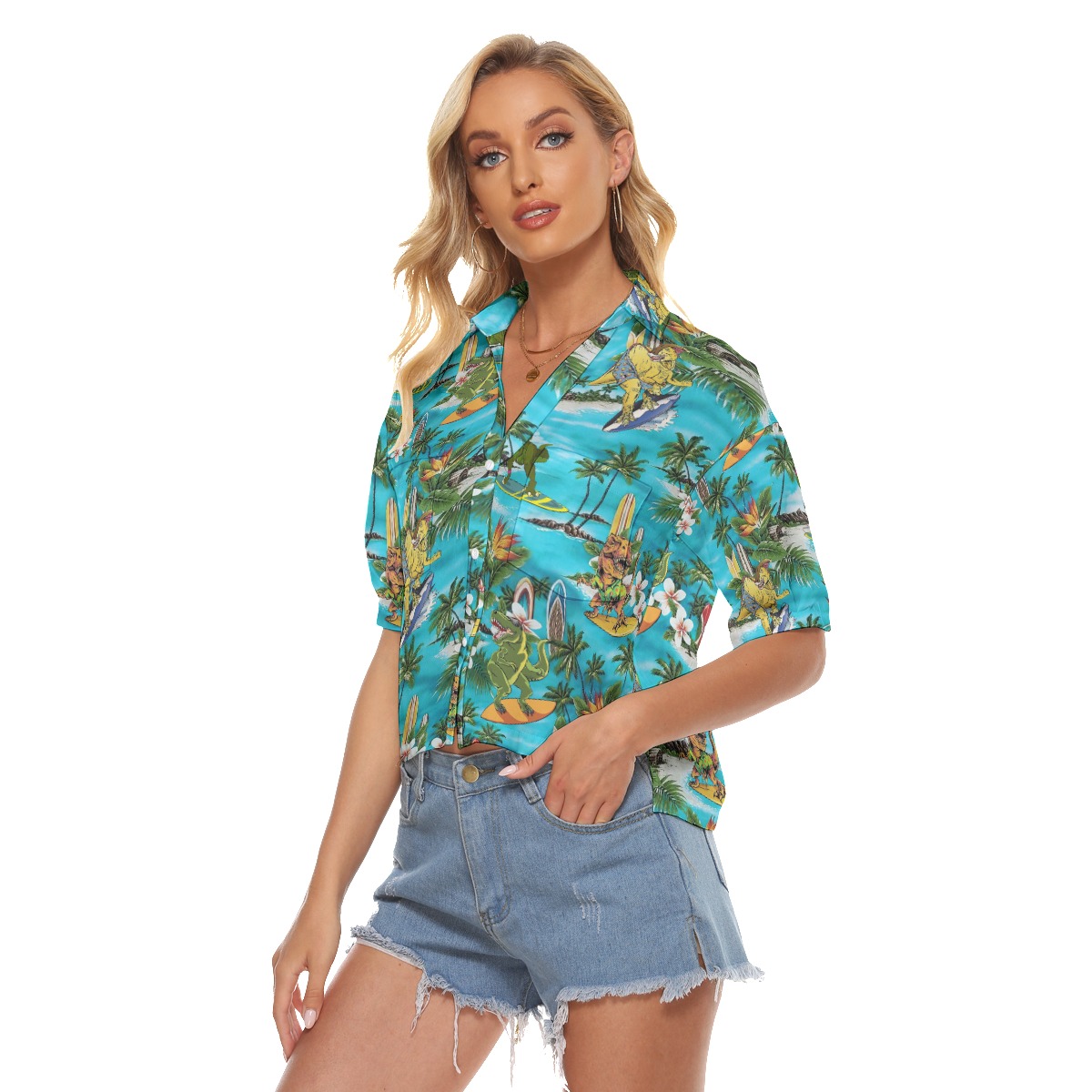Dinosaur Surfing Tropical Aloha Crop Top Shirt For Women