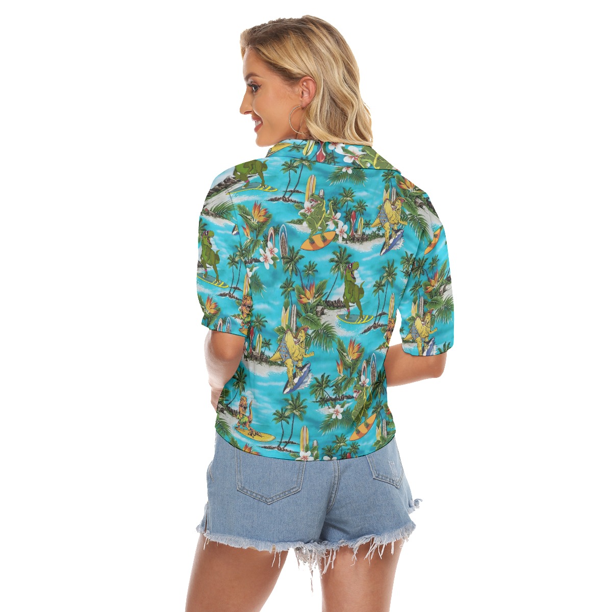 Dinosaur Surfing Tropical Aloha Crop Top Shirt For Women