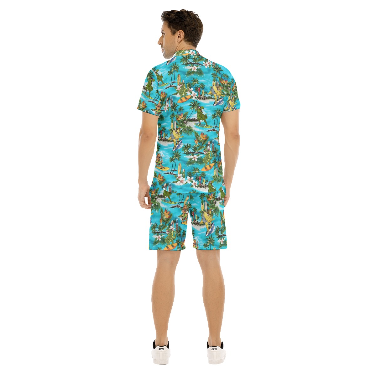 Set Dinosaur Surfing Tropical Hawaiian Shirt And Matching Shorts