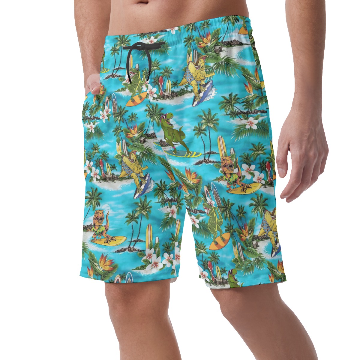 Funny Dinosaur Surfing Hawaiian Summer Beach Shorts For Men