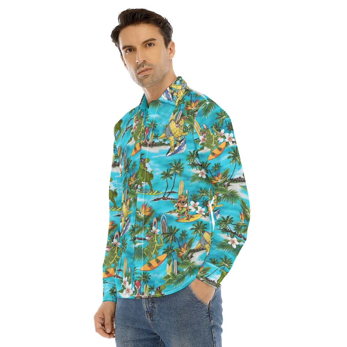 Dinosaur Surfing Tropical Men's Hawaiian Long Sleeve Shirt