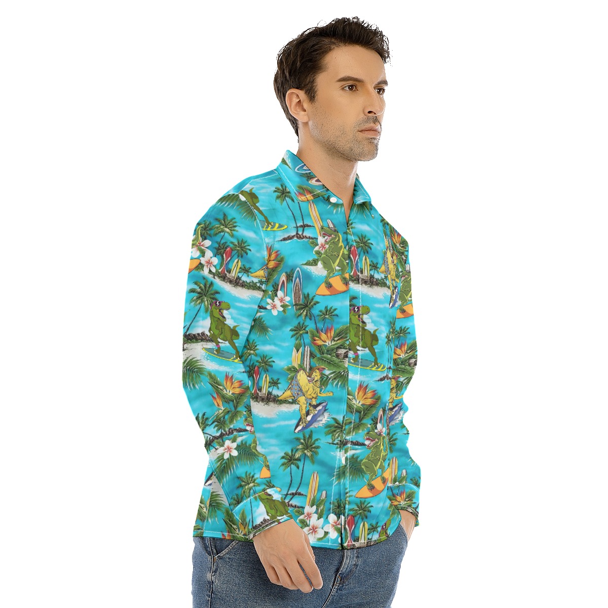 Dinosaur Surfing Tropical Men's Hawaiian Long Sleeve Shirt