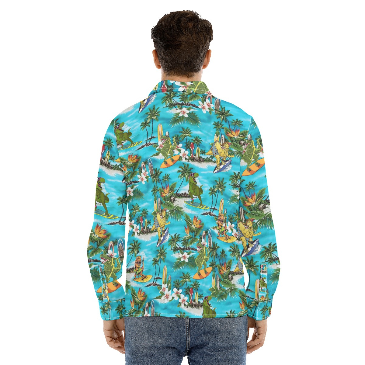 Dinosaur Surfing Tropical Men's Hawaiian Long Sleeve Shirt