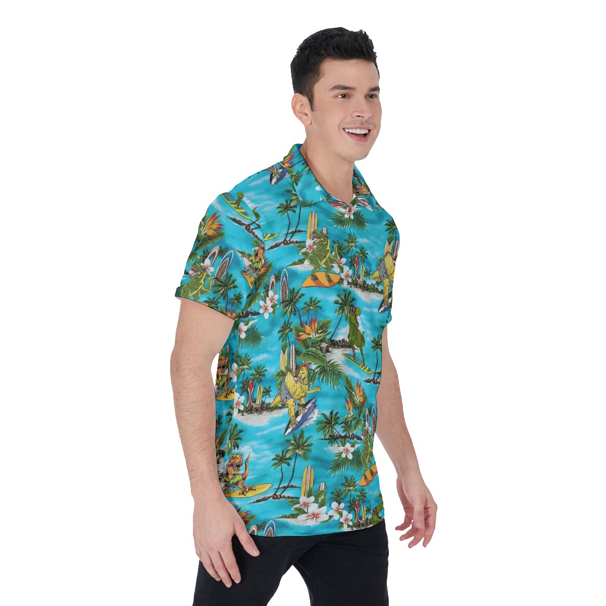 Surfing Dinosaur Blue Hawaiian Polo Shirt For Men