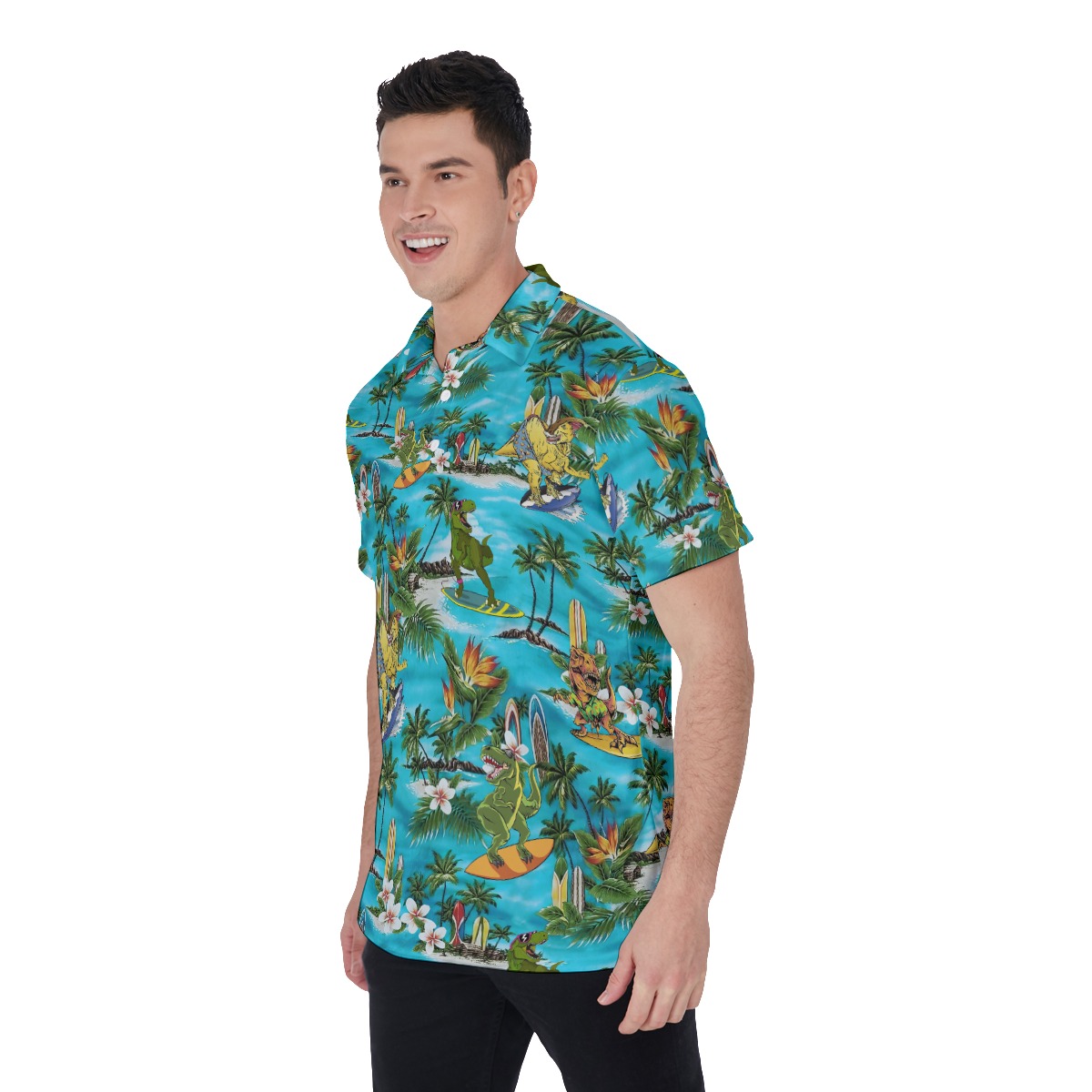 Surfing Dinosaur Blue Hawaiian Polo Shirt For Men
