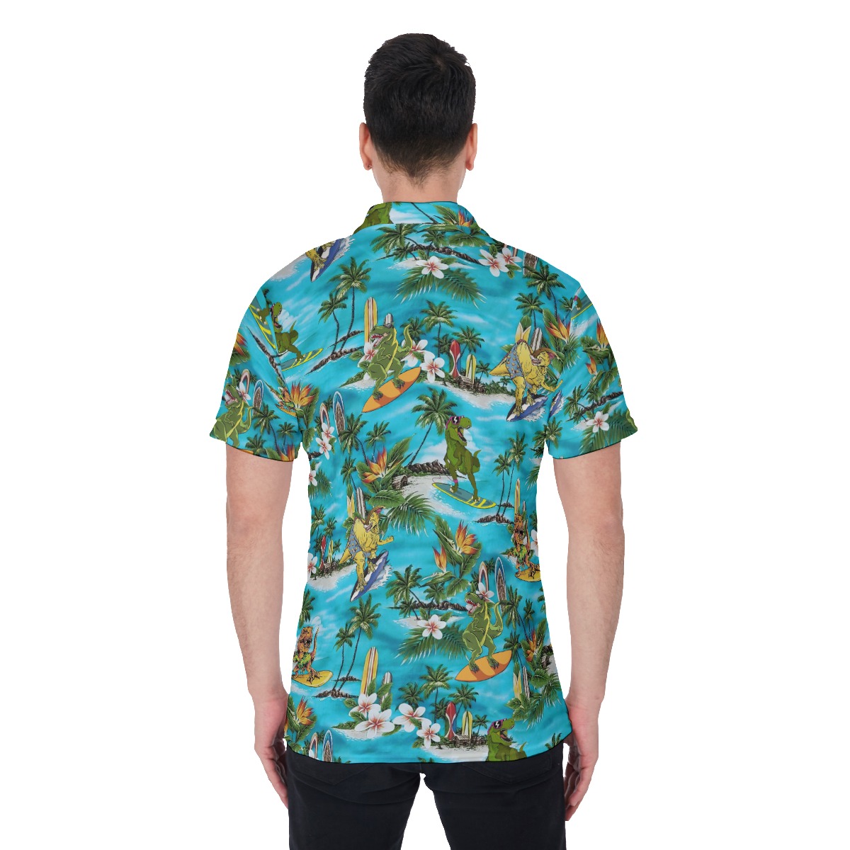 Surfing Dinosaur Blue Hawaiian Polo Shirt For Men