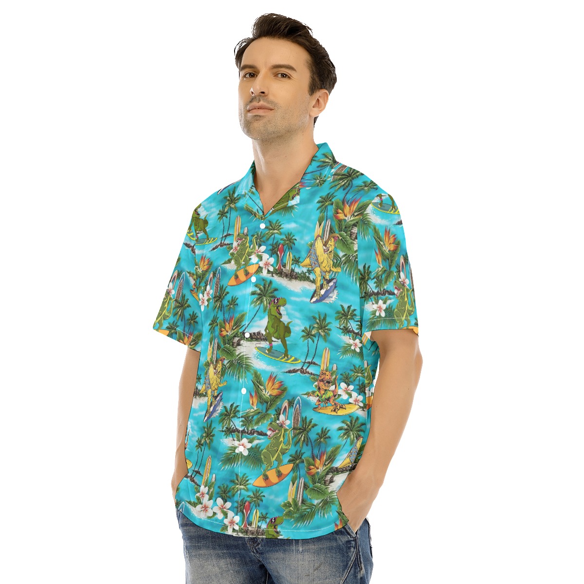 Funny Surfing Dinosaur Hawaiian Shirt