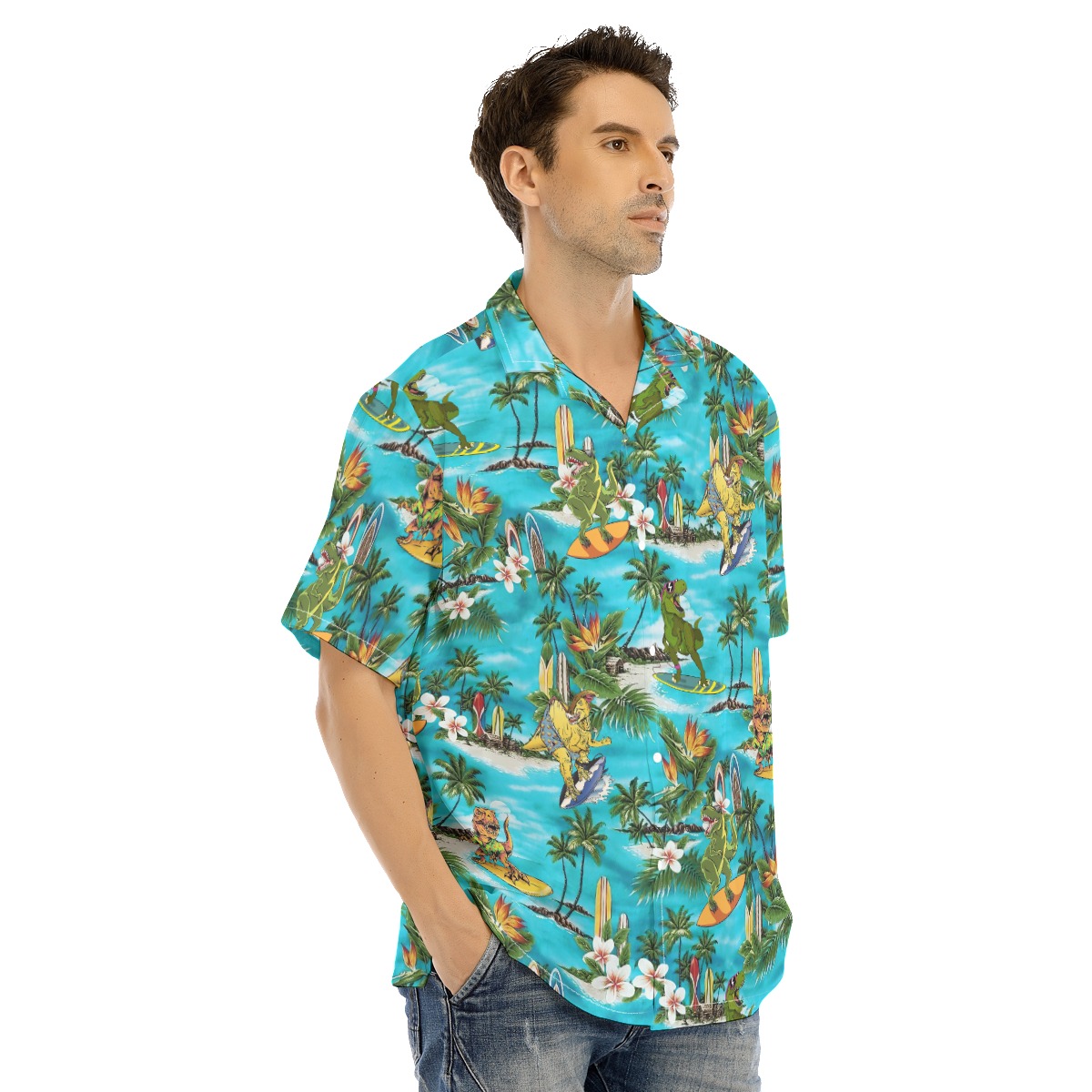 Funny Surfing Dinosaur Hawaiian Shirt