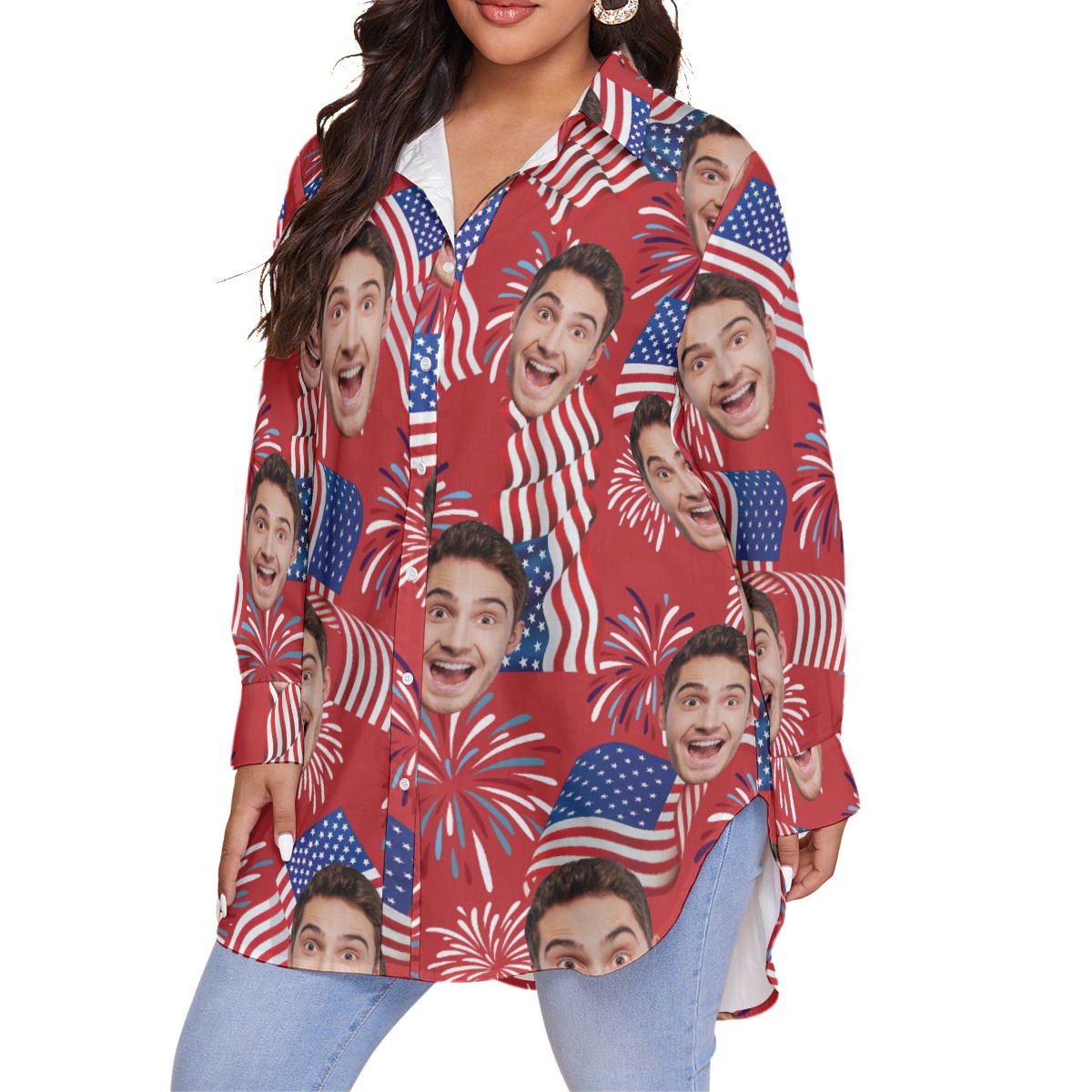 Patriotic Custom Face Hawaiian Plus Size Shirt For Women