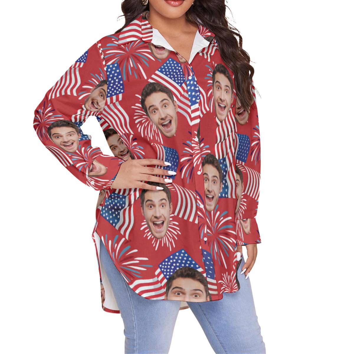 Patriotic Custom Face Hawaiian Plus Size Shirt For Women