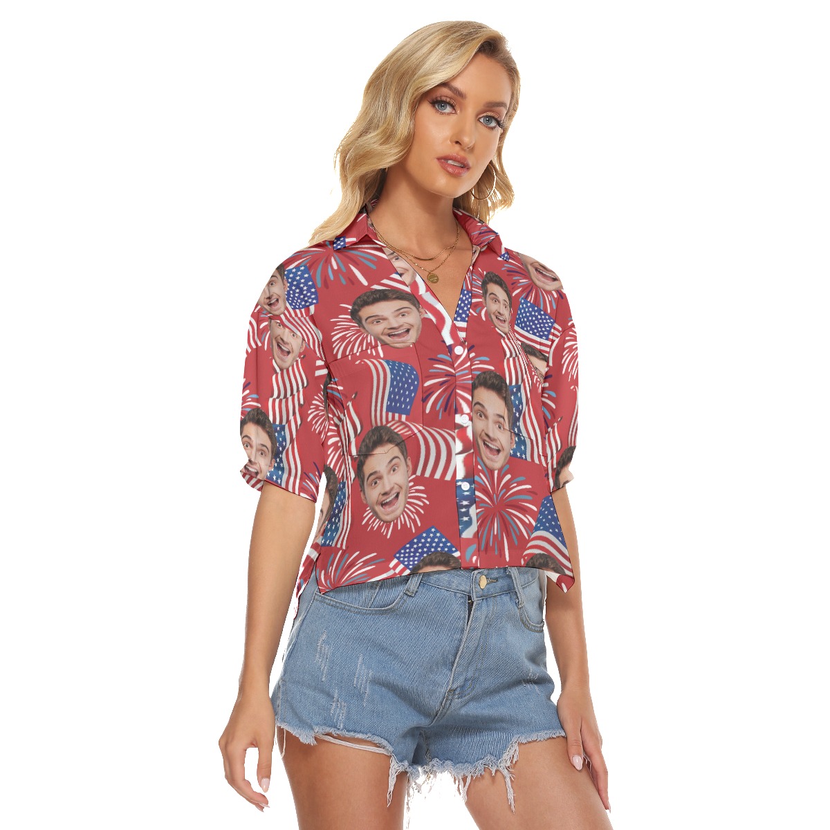 Custom Face With Firework And American Flag Hawaiian Cropped Shirt