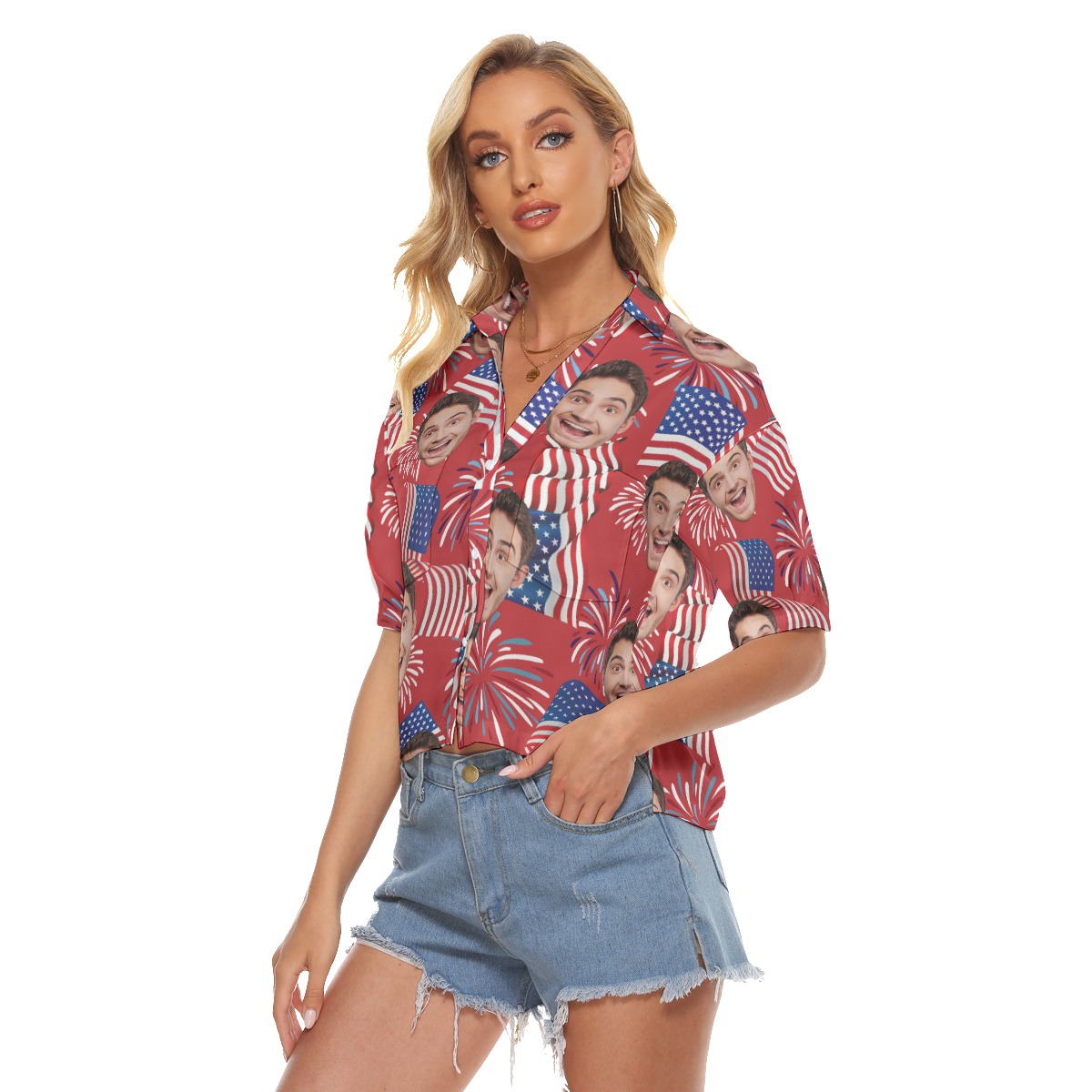 Custom Face With Firework And American Flag Hawaiian Cropped Shirt