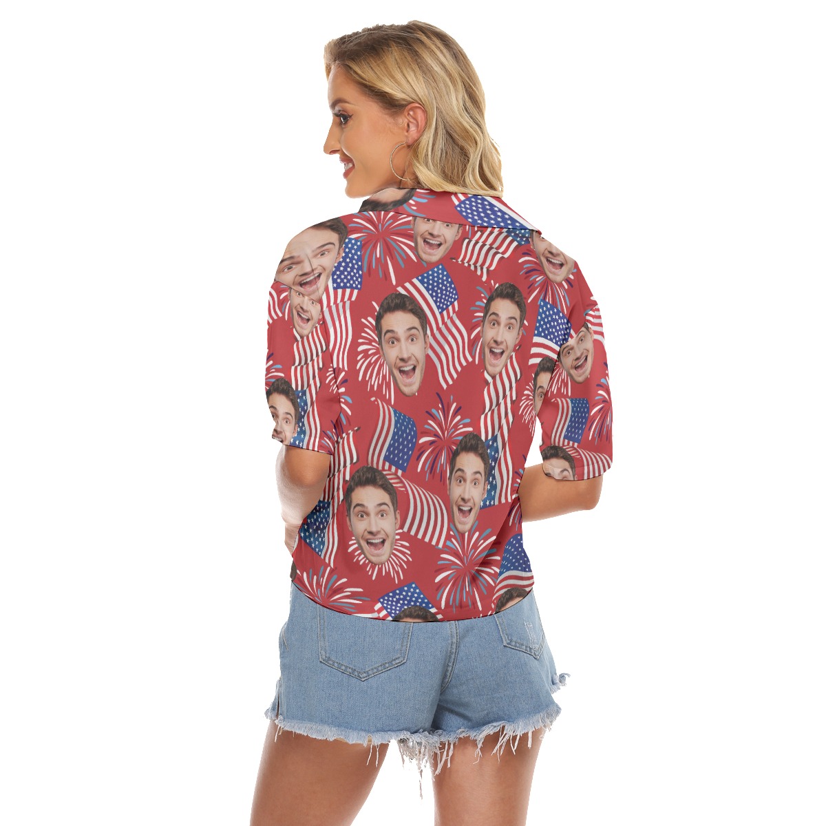 Custom Face With Firework And American Flag Hawaiian Cropped Shirt