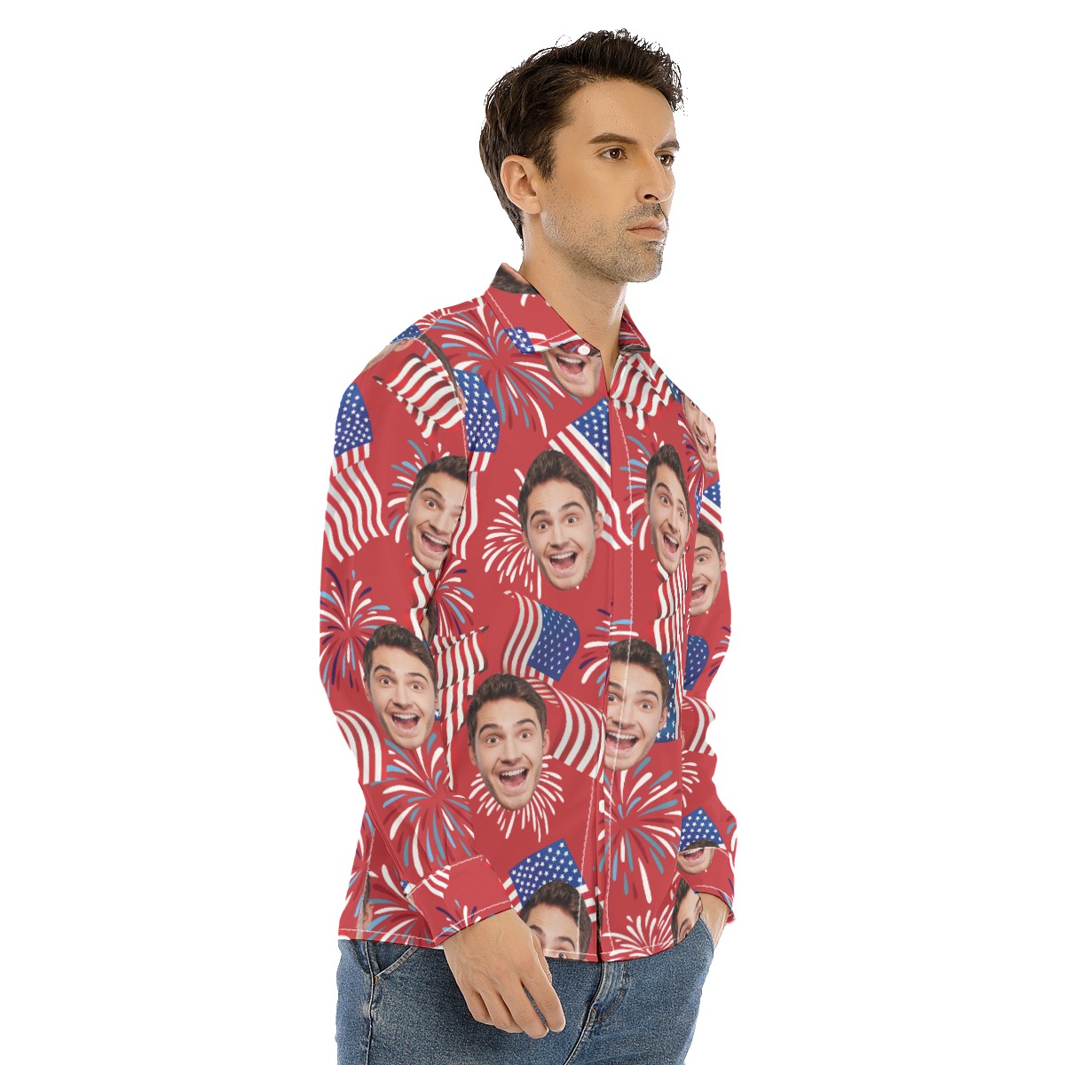 Custom Patriotic Hawaiian Long Sleeve Shirt With Face
