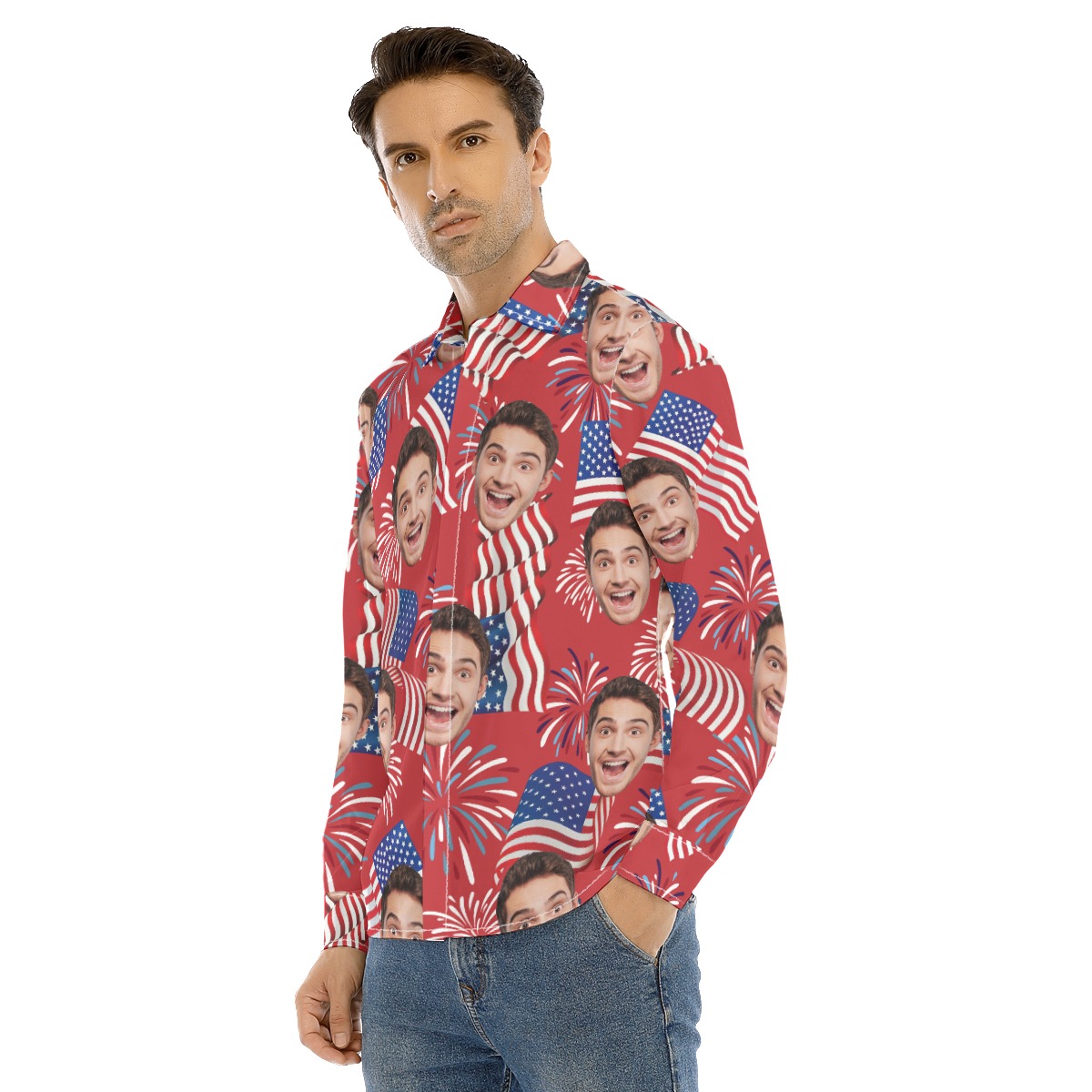 Custom Patriotic Hawaiian Long Sleeve Shirt With Face