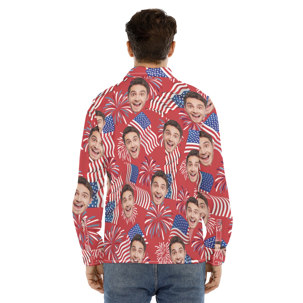 Custom Patriotic Hawaiian Long Sleeve Shirt With Face