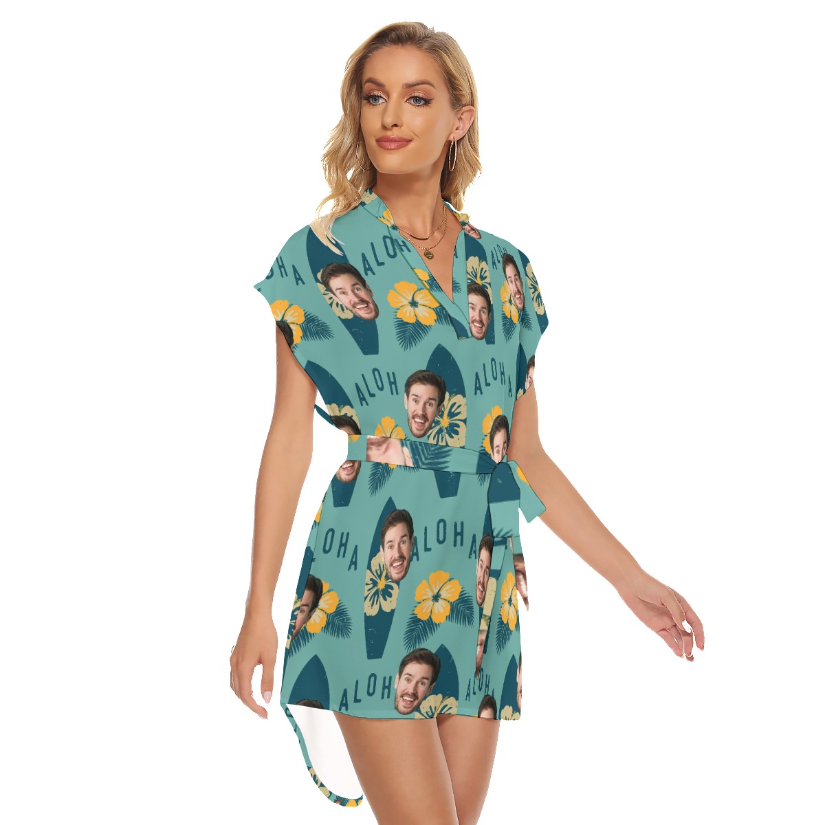 Surfing Aloha Belted Women's Dress With Face