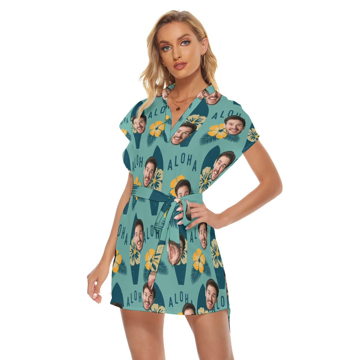 Surfing Aloha Belted Women's Dress With Face
