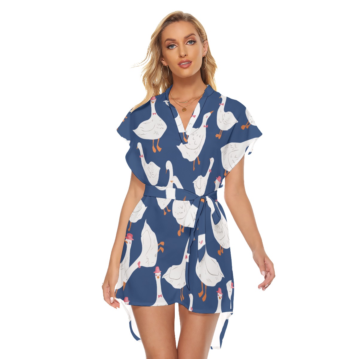 Cute Goose Blue Hawaiian Dress With Tie - variant image 1