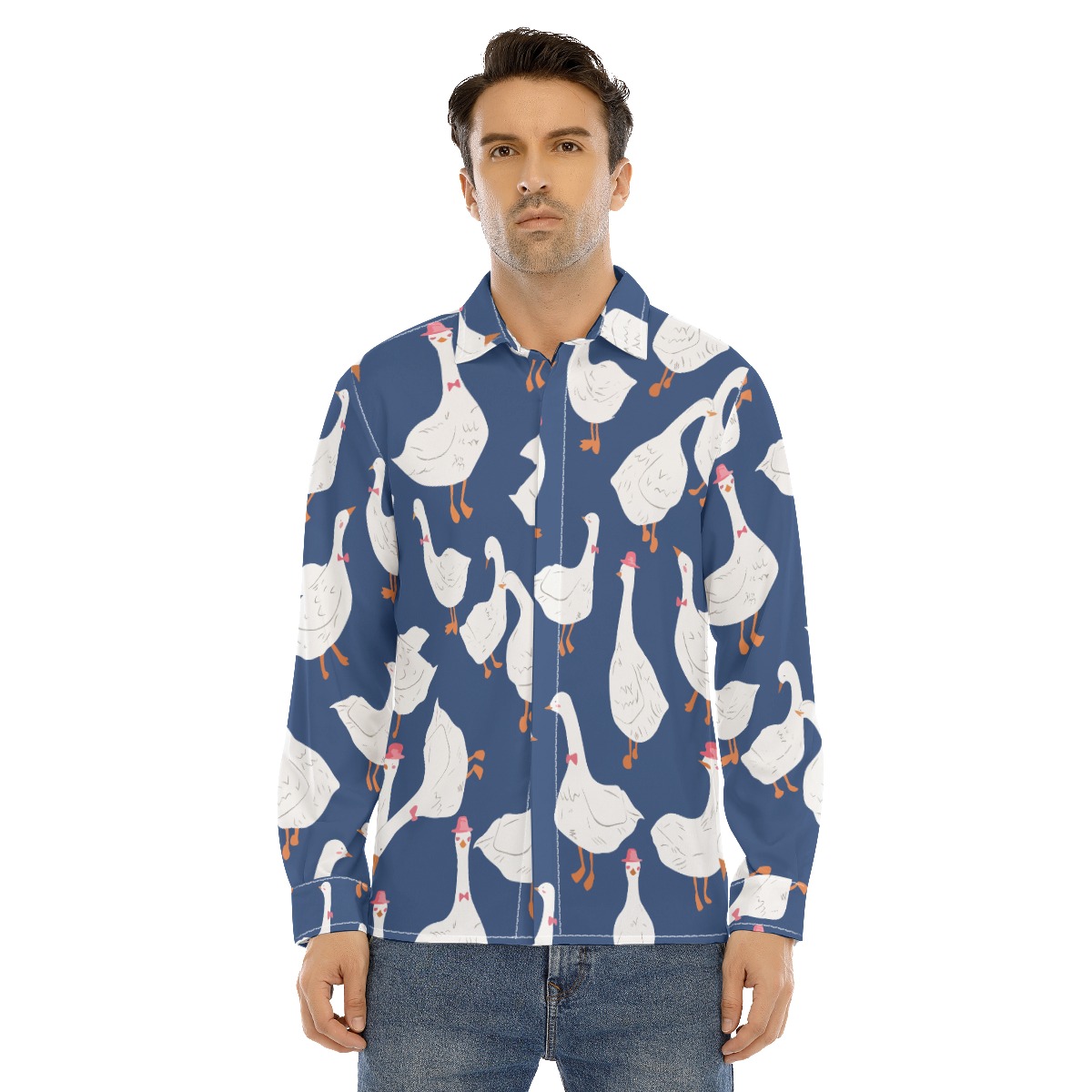 Men's Funny Goose Blue Long Sleeve Hawaiian Shirt - variant image 1