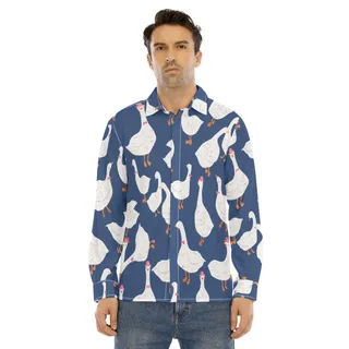 Men's Funny Goose Blue Long Sleeve Hawaiian Shirt