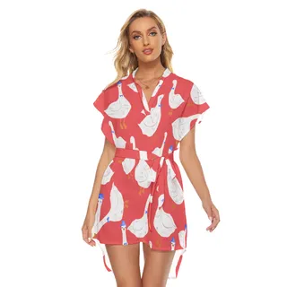 Goose Red Tropical Hawaiian Dress With Tie