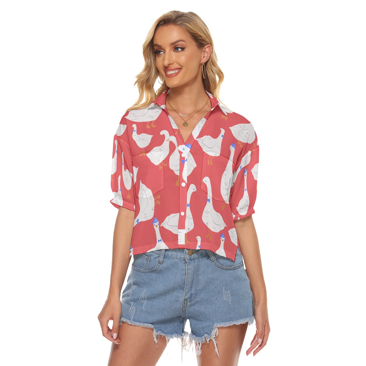 Women's Cute Goose Red Hawaiian Crop Top - variant image 1