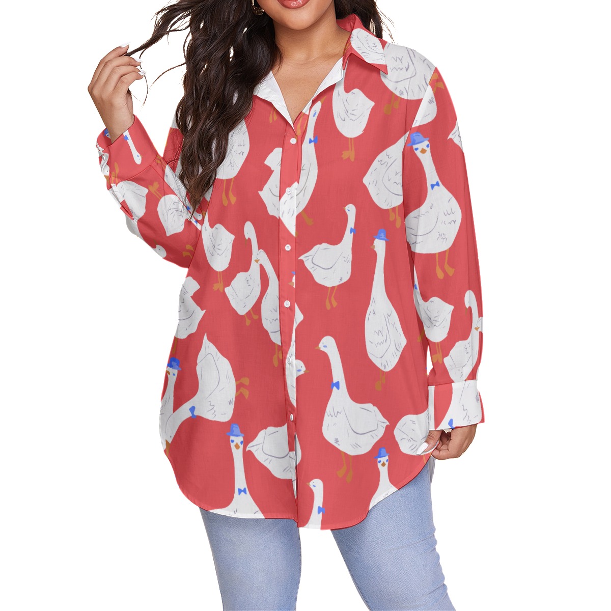Women's Goose Red Oversized Hawaiian Shirt - variant image 1
