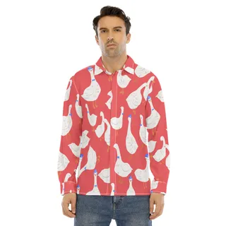 Men's Cute Goose Red Long Sleeve Aloha Shirt