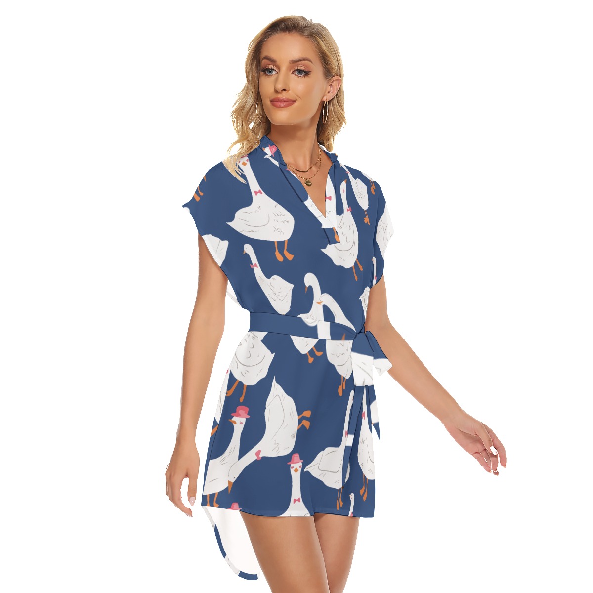 Cute Goose Blue Hawaiian Dress With Tie