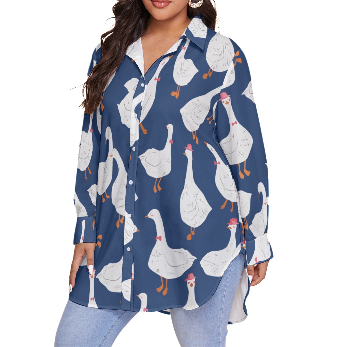 Women's Goose Blue Oversized Aloha Shirt