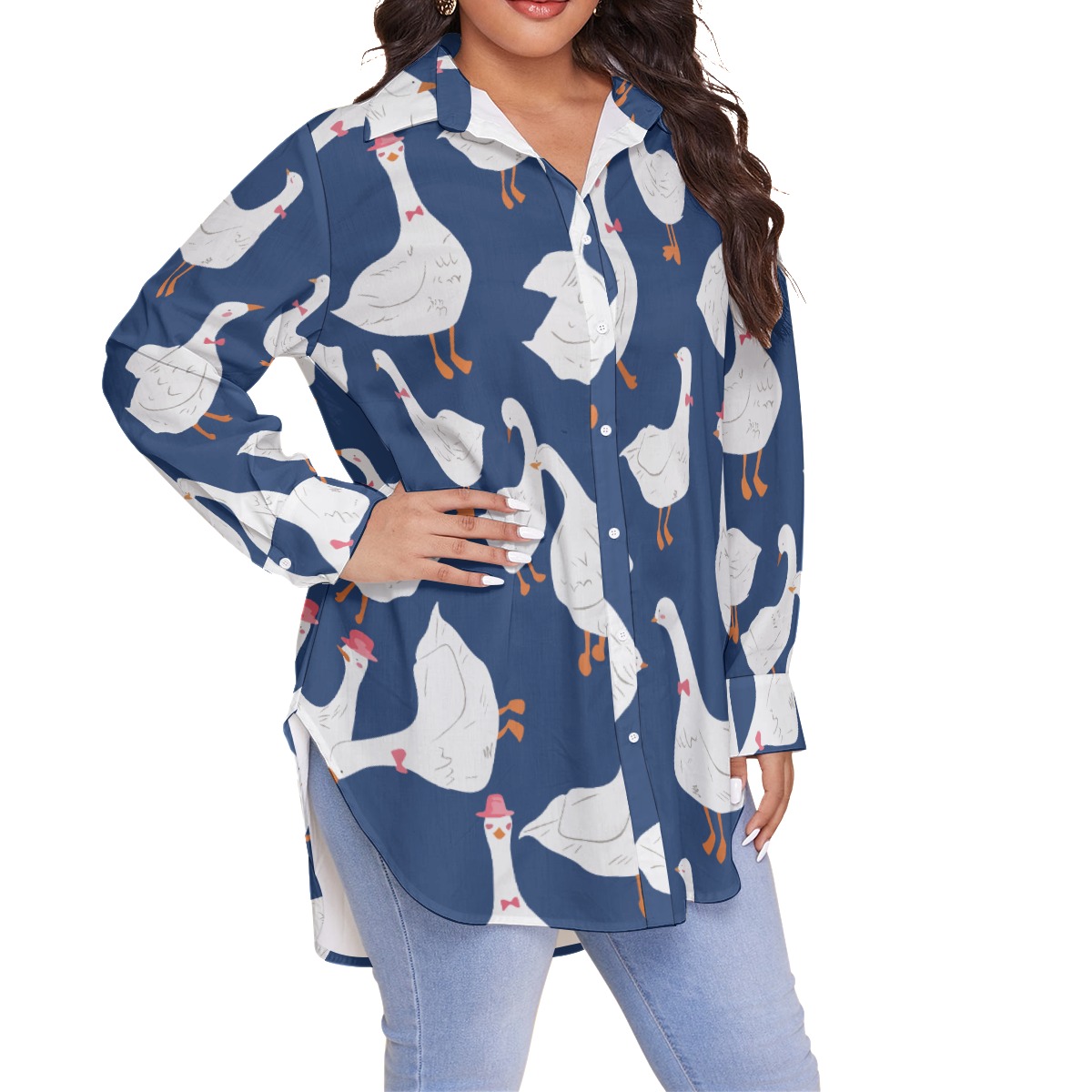 Women's Goose Blue Oversized Aloha Shirt