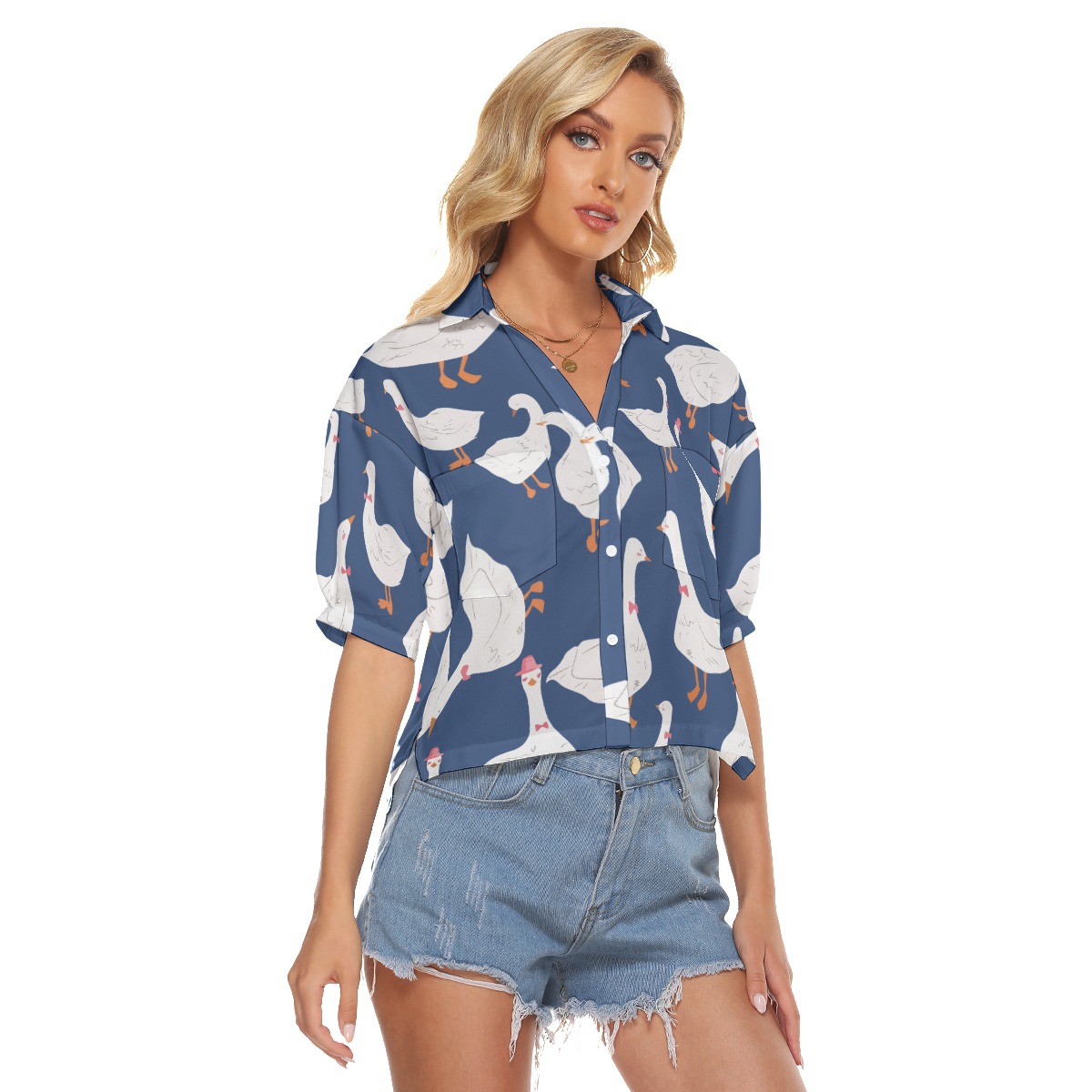 Women's Lively Goose Blue Cropped Hawaiian Shirt