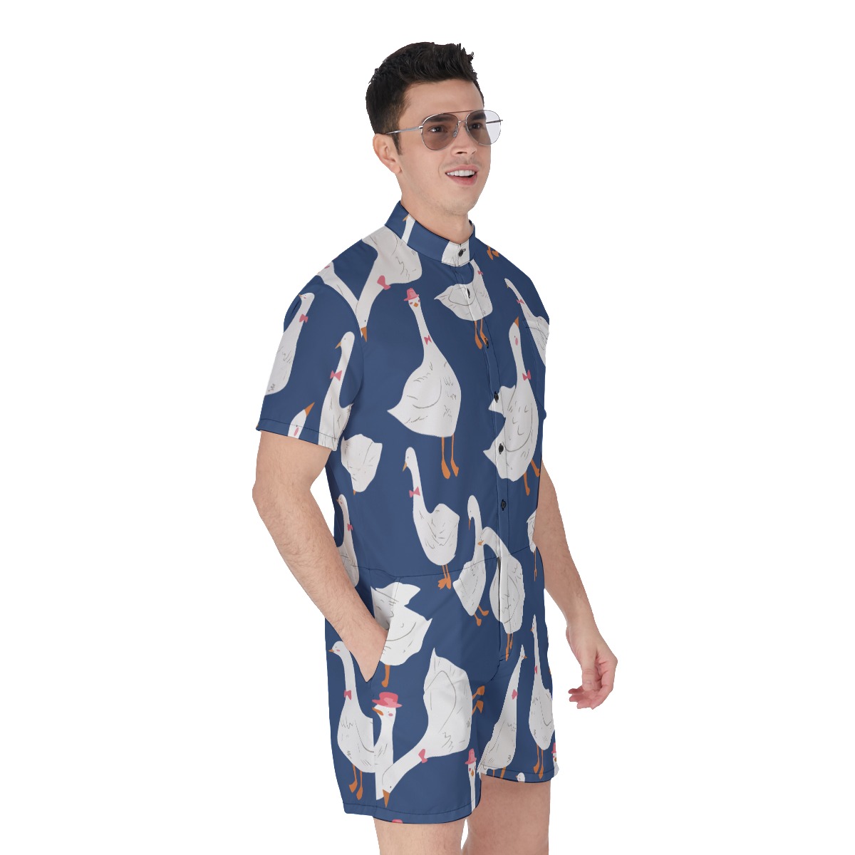 Men's Cute Goose Blue Aloha Romper