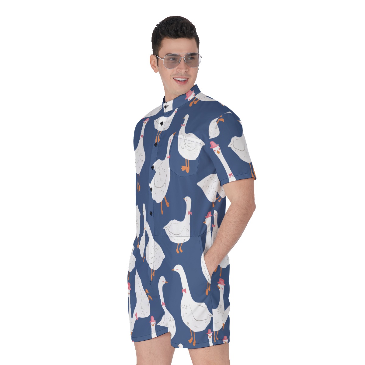 Men's Cute Goose Blue Aloha Romper