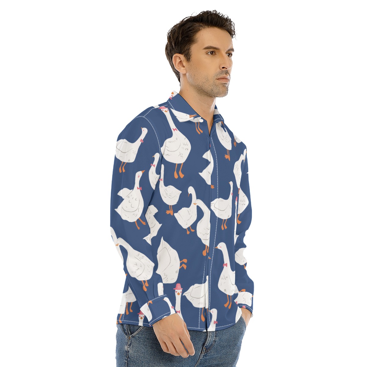 Men's Funny Goose Blue Long Sleeve Hawaiian Shirt