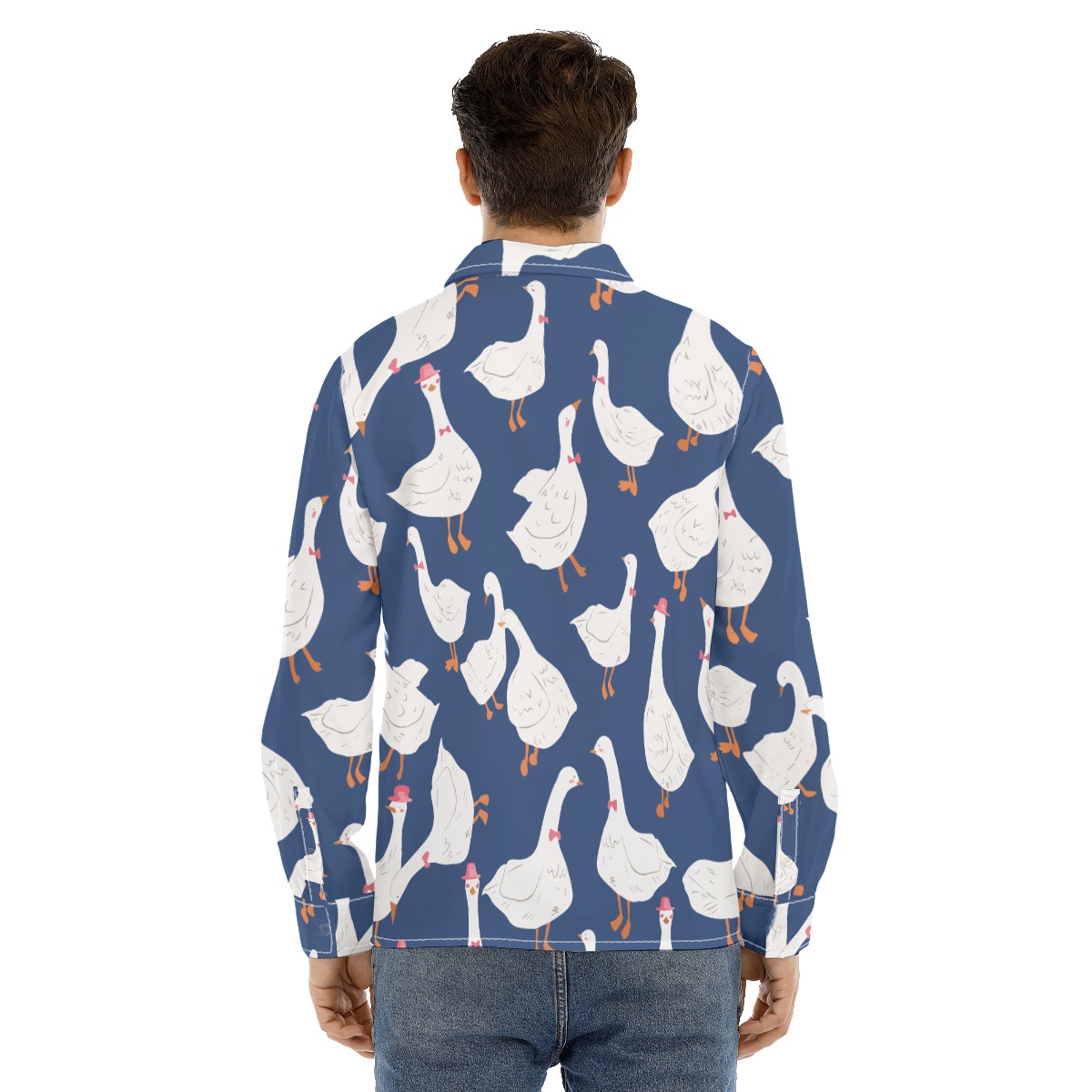 Men's Funny Goose Blue Long Sleeve Hawaiian Shirt