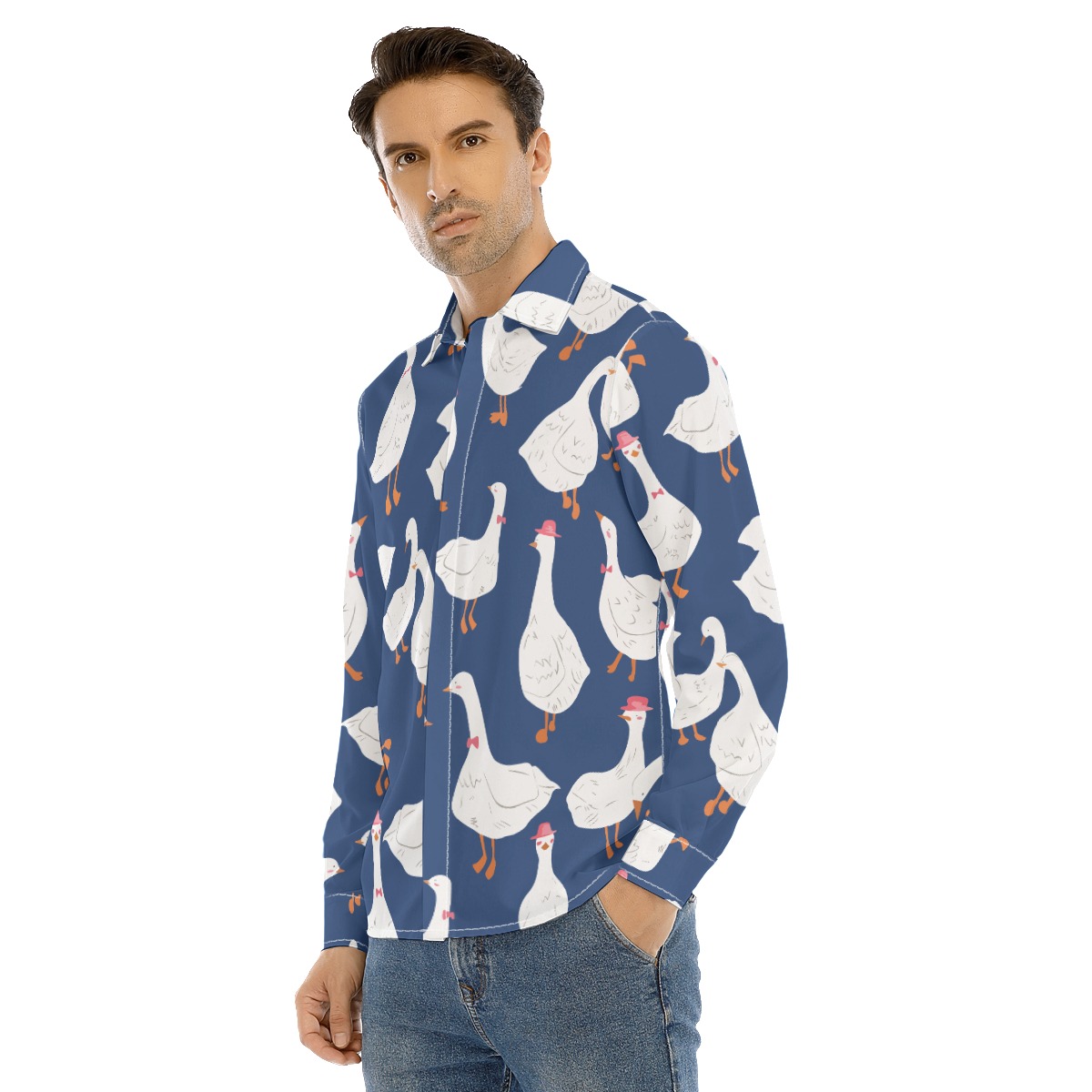 Men's Funny Goose Blue Long Sleeve Hawaiian Shirt