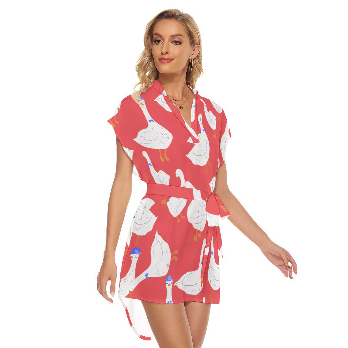 Goose Red Tropical Hawaiian Dress With Tie