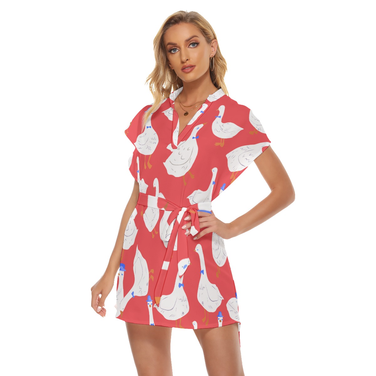 Goose Red Tropical Hawaiian Dress With Tie