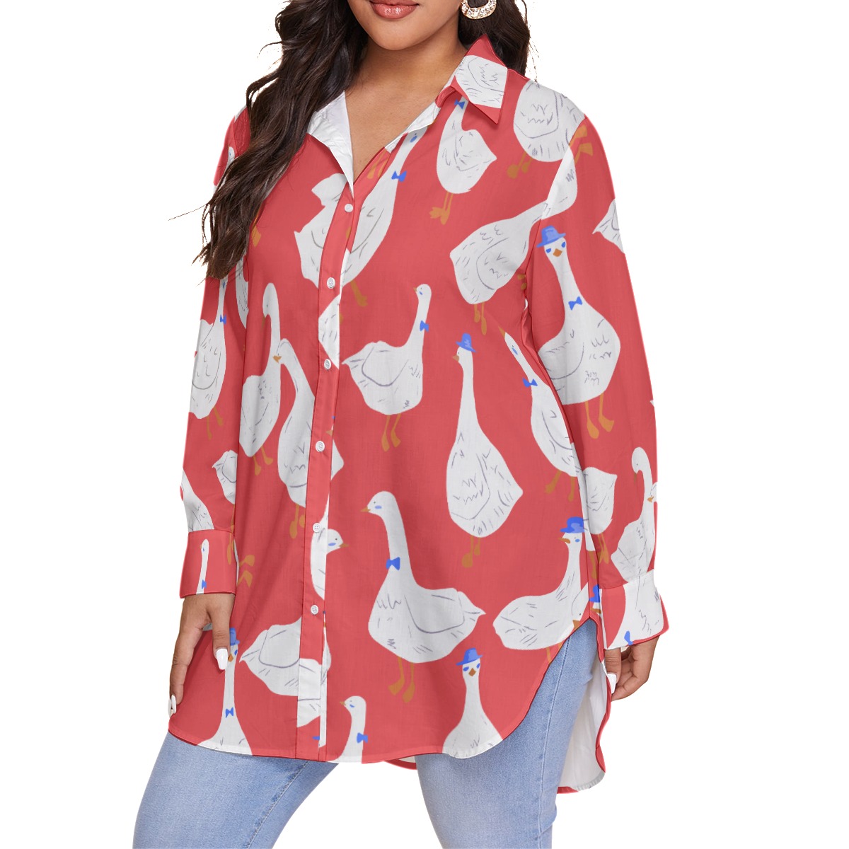 Women's Goose Red Oversized Hawaiian Shirt