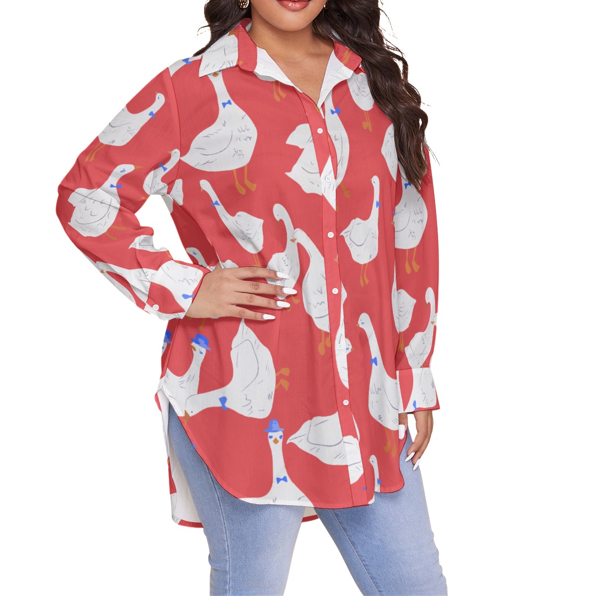 Women's Goose Red Oversized Hawaiian Shirt