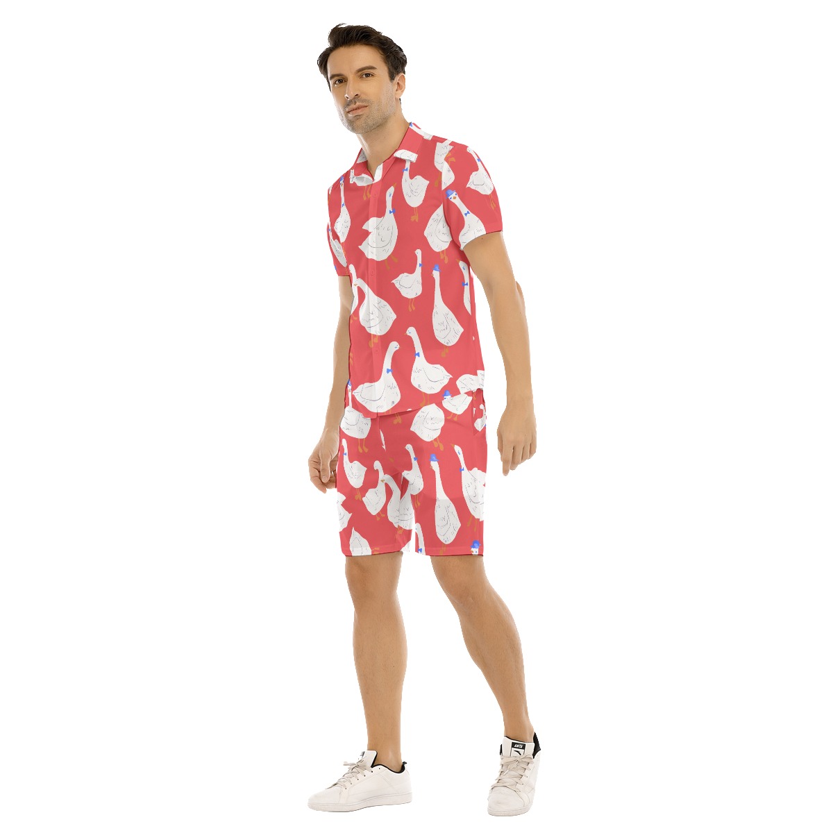 Men's Cute Goose Red Aloha Shirt And Shorts Set