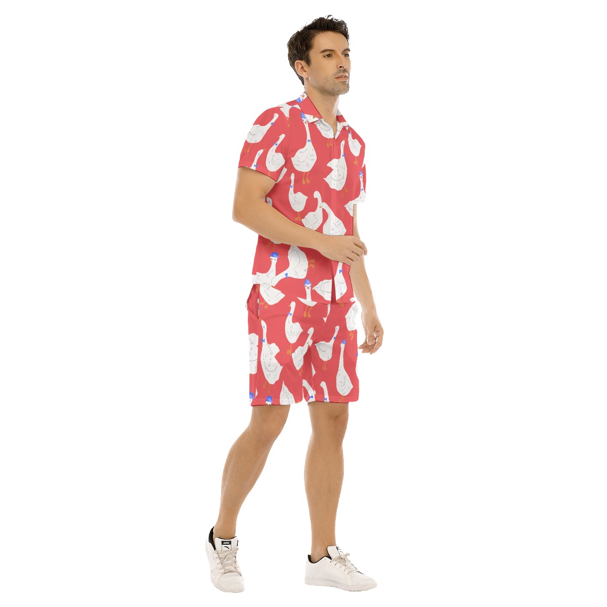 Men's Cute Goose Red Aloha Shirt And Shorts Set