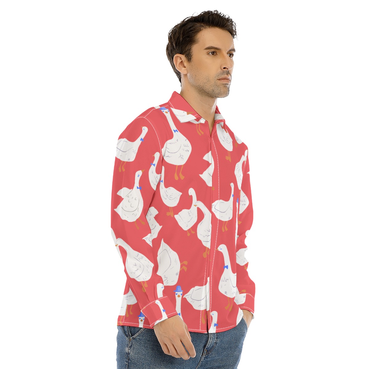 Men's Cute Goose Red Long Sleeve Aloha Shirt