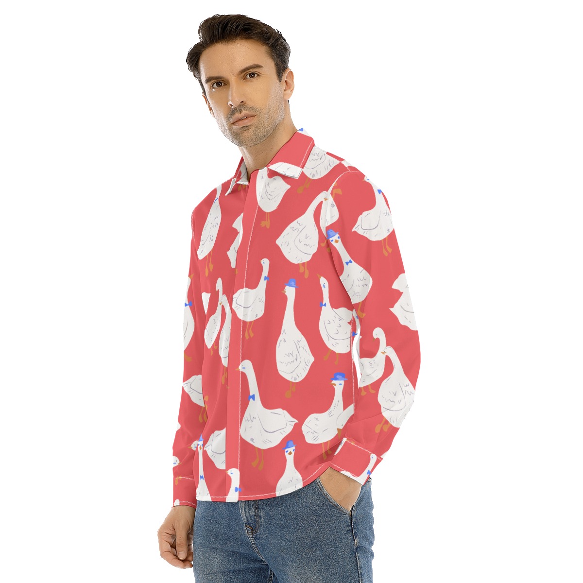 Men's Cute Goose Red Long Sleeve Aloha Shirt