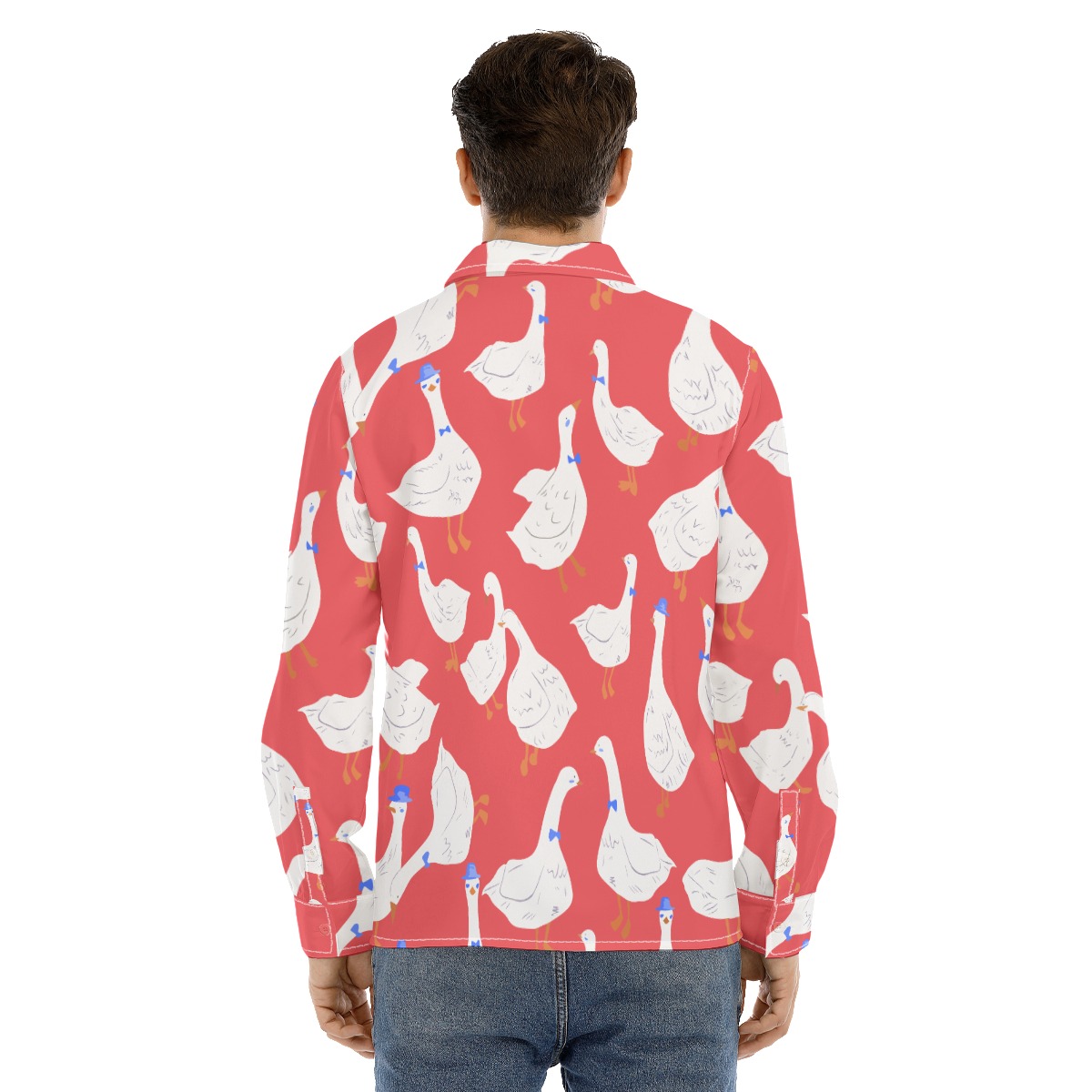 Men's Cute Goose Red Long Sleeve Aloha Shirt